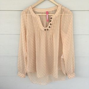 Anthro Peach Sheer with Gold Confetti Pattern Top